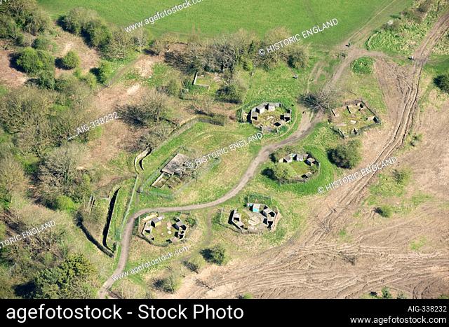 Remains of World War Two Heavy Anti Aircraft Battery Bristol B6, Pur Down, Stoke Park, Bristol, 2018, UK. Aerial view