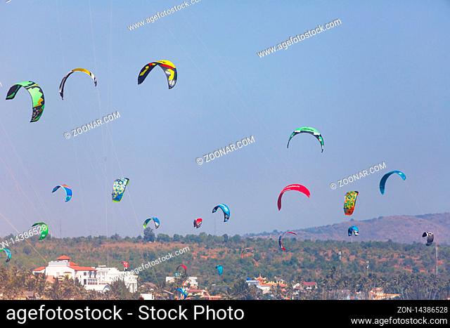 MUINE, VIETNAM - JANUARY 31, 2014: Kitesurfing and Kiteboarding in Vietnam