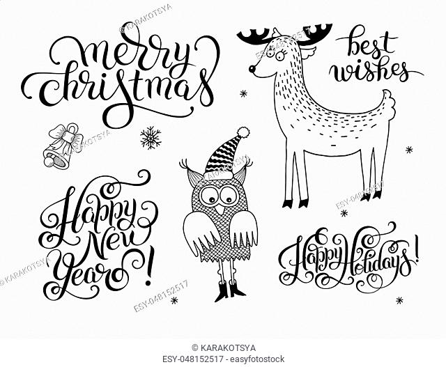 black and white christmas collection, set of lettering inscription - Happy New Year, and holidays animals, vector illustration