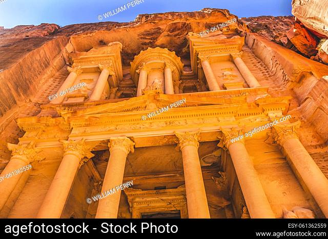 Yellow Golden Treasury Morning Siq Petra Jordan Treasury built by Nabataens in 100 BC. Yellow Canyon becomes rose red when sun goes down