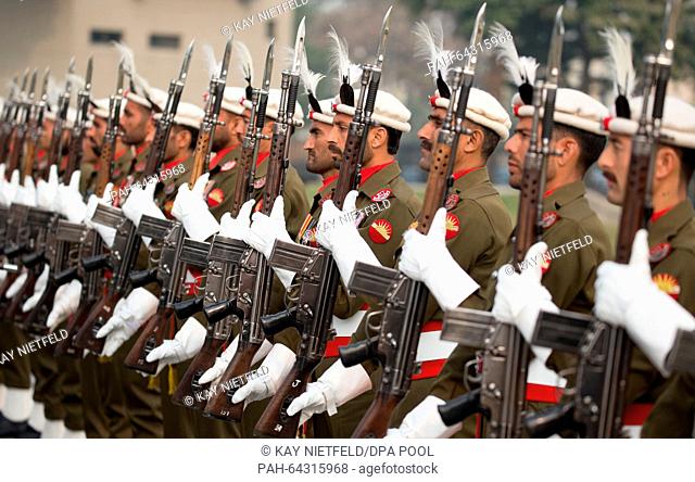 Pakistani soldiers wait to welcome German Minister of Defence Ursula von der Leyen to the headquarters of Pakistani Army in Islamabad, Pakistan