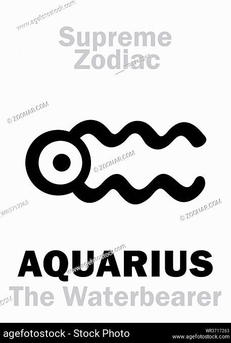Astrology Alphabet: AQUARIUS (The Waterbearer), constellation Aquarius. Sign of Supreme Zodiac (Internal circle). Hieroglyphic character (persian symbol)