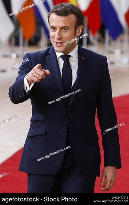 President of France Emmanuel Macron pictured during an extraordinary EU summit meeting on the European Budget 2021-2027, Thursday 20 February 2020