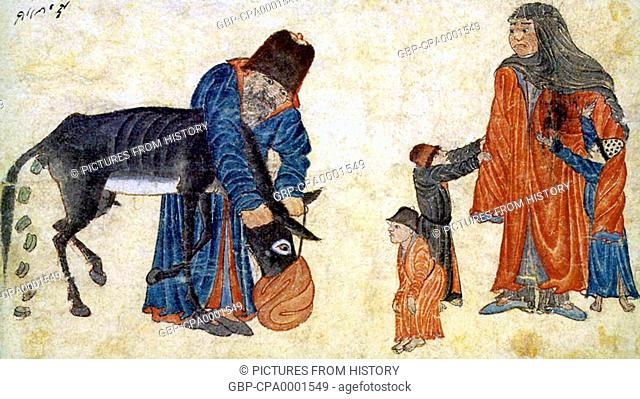 Central Asia: Siyah Kalem School, 15th century: A man feeding a donkey watched by his wife and children