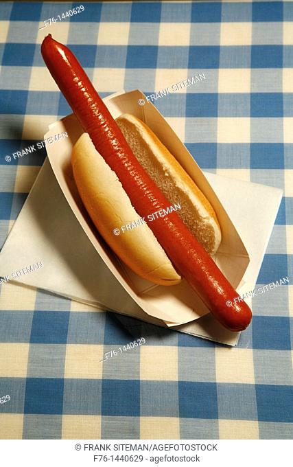Hot dog on blue and white checkered tablecloth