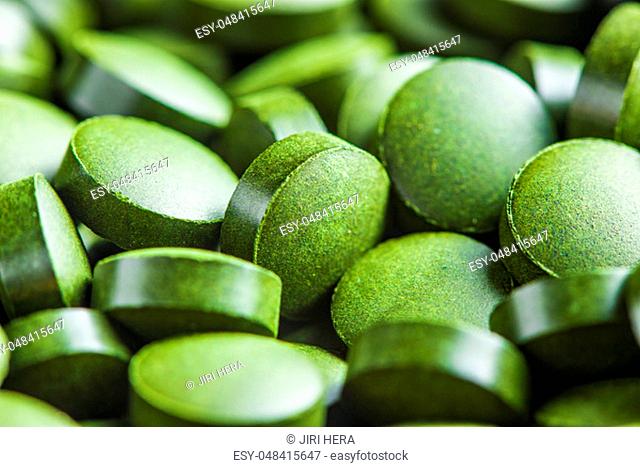 Chlorella or green barley. Detox superfood. Spirulina pills