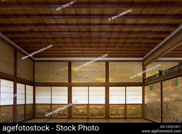 An interior view of the Jodan-no-Ma garden room shows the traditional wooden construction and hand-painted fusuma sliding doors inside the Shoin main building...