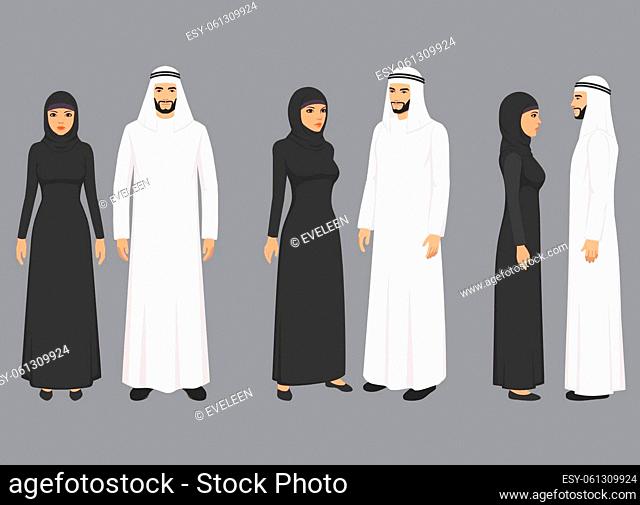 Muslim arab characters in flat style isolated on white background. Set of Arab man and women with different poses. Arab muslim couple front, rear, side view