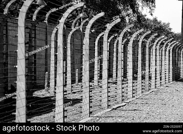 Black and white - Wire fence in Auschwitz concentration camp in Poland