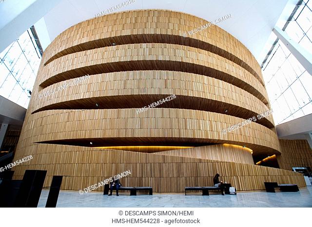 Norway, Oslo, wood structure in the hall of the new Opera house by Snohetta architects