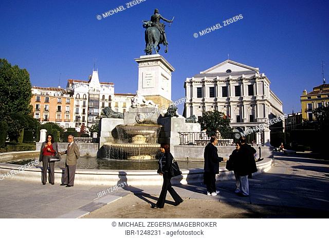 Monument, equestrian statue of Philip IV, Felipe IV, in front of Teatro Real, opera and theatre building, Plaza de Oriente, Madrid, Spain, Europe