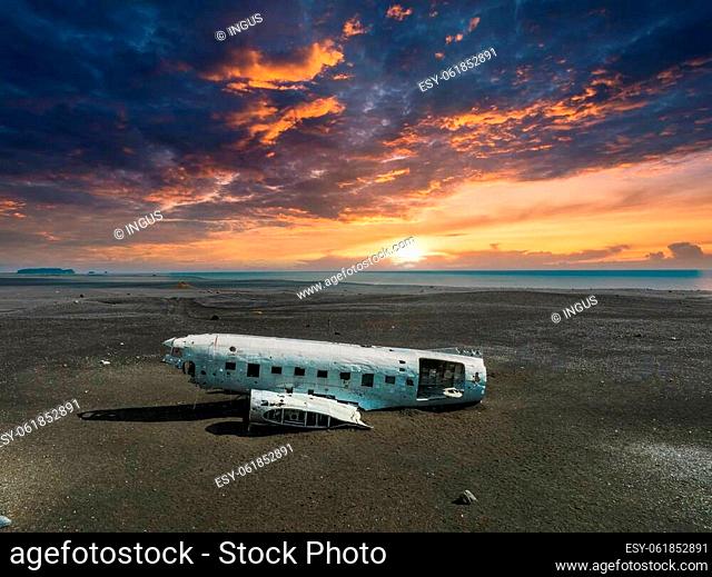Aerial view of the old crashed plane abandoned on Solheimasandur beach near Vik in Iceland. Landscape with popular tourist attraction in Iceland