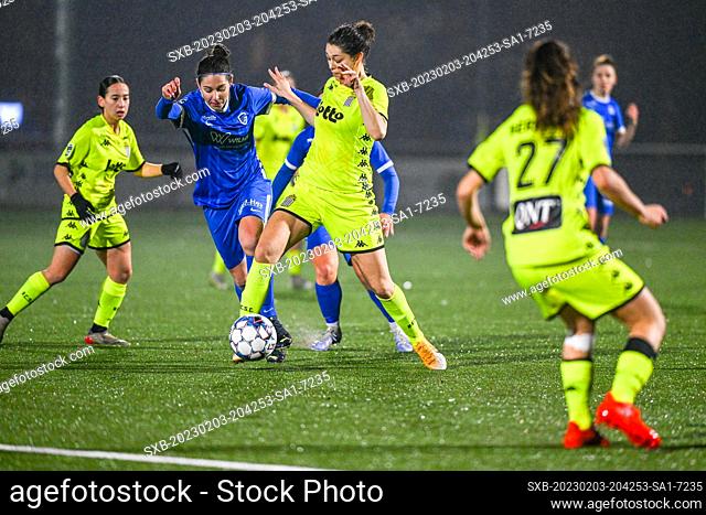 Lorene Martin (6) of KRC Genk and Camille Seret (12) of Charleroi pictured during a female soccer game between Racing Genk Ladies and Sporting du pays de...
