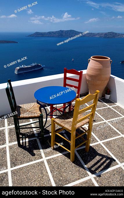 Balcony of a hotel, Firostefani, Santorini, Cyclades, Greek Islands, Greece, Europe