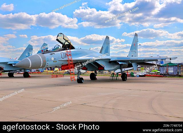MOSCOW, RUSSIA - AUG 2015: multirole fighter aircraft Su-35 Flanker-E presented at the 12th MAKS-2015 International Aviation and Space Show on August 28