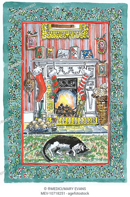 Christmas Fireplace with black and white catand Christmas stockings