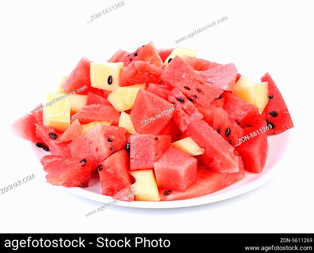 Bunch of sliced watermelons and melons on plate