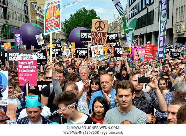 Thousands of protesters join a protest, organised by The People’s Assembly marching from BBC Headquarters to Parliament Square calling for an end to the...