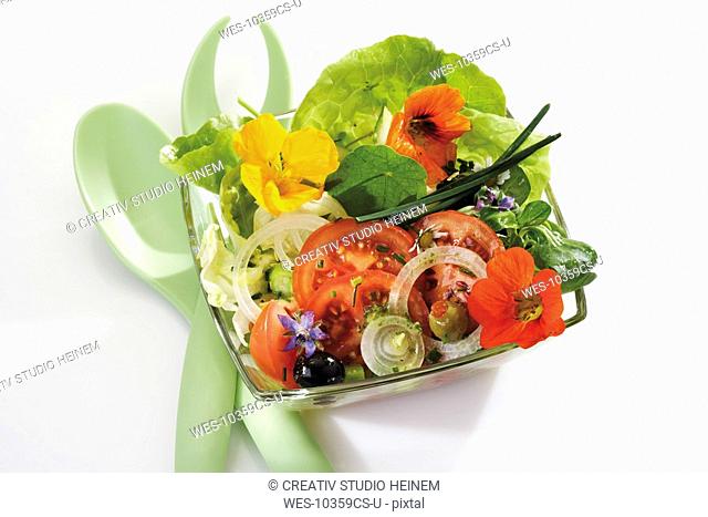 Mixed salad with edible flowers, elevated view