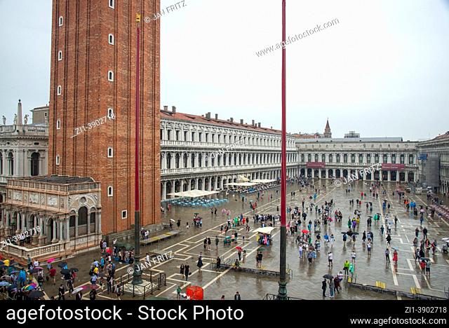 San Marco square with Campanile in Venice on a rainy day, Italy