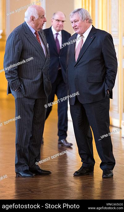 Viscount Etienne Davignon, Minister of Justice Koen Geens and Frans van Daele, former chief of cabinet of King Filip-Philippe pictured during pictured during a...