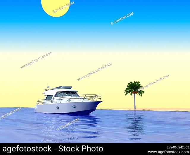 Tropical beach. With palm and ship. 3d render