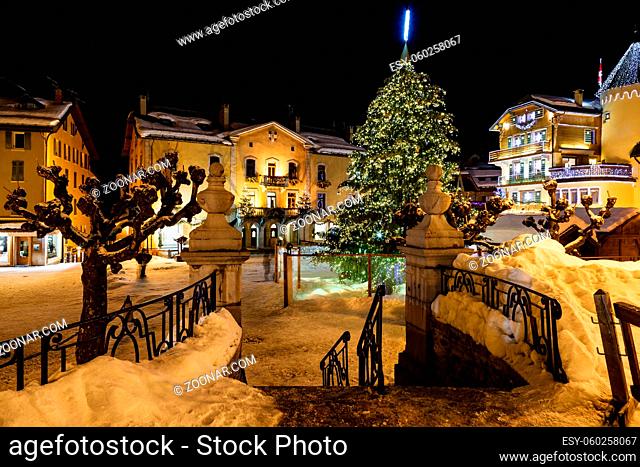 Illuminated Central Square of Megeve on Christmas Eve, French Alps, France