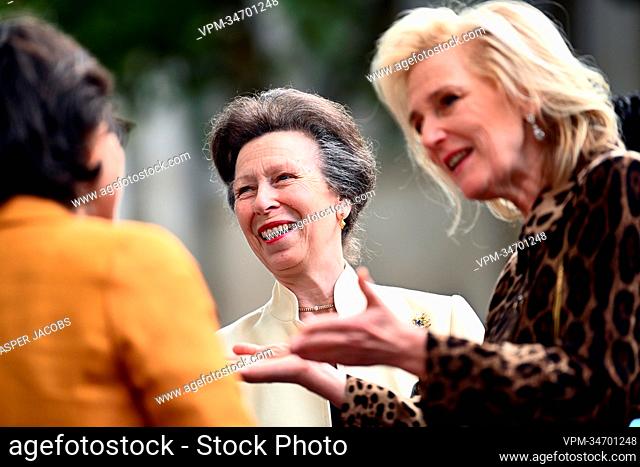 Anne, the Princess Royal and Princess Astrid of Belgium pictured during a wreath-laying ceremony at the Edith Cavell Monument