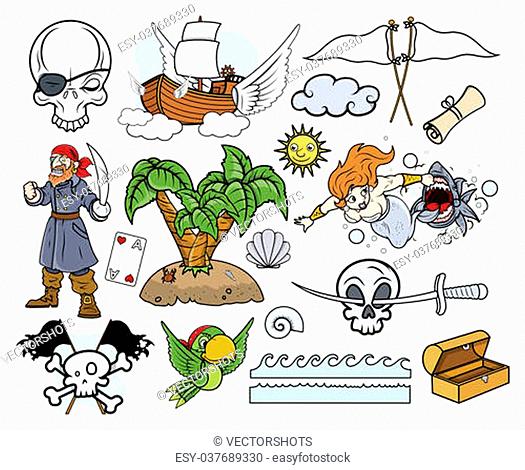 Drawing Art of Cartoon Pirates Graphic Designs and Elements Vector Illustration