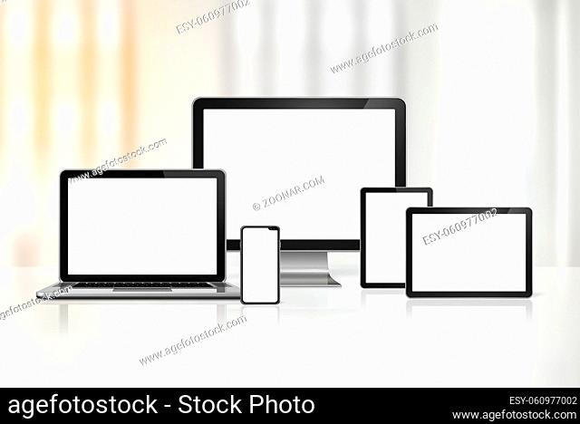 3D computer, laptop, mobile phone and digital tablet pc - office background. Illustration