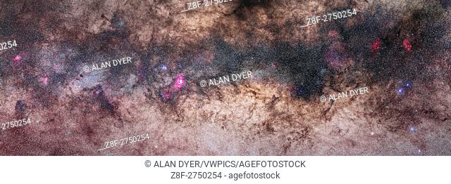 A panoramic mosaic of bright starclouds and dark stardust in the rich region of the Milky Way around the centre of the Galaxy in Sagittarius.