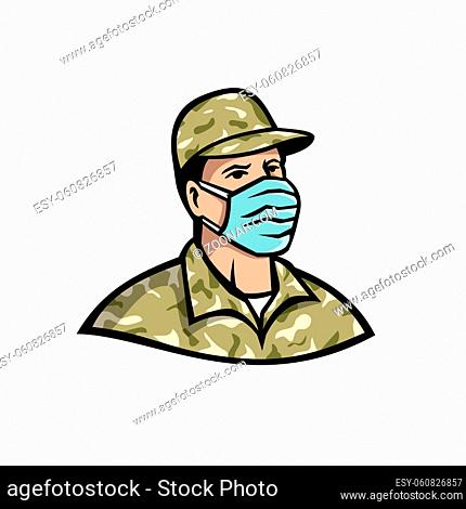 Mascot icon illustration of bust of a soldier, military serviceman, personnel or essential worker wearing a PPE, protective personal equipment face surgical...
