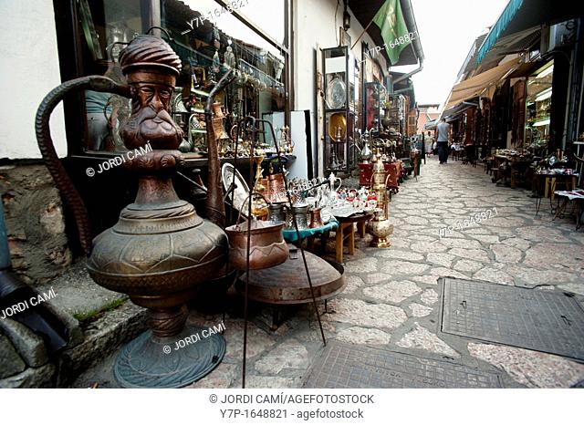 Brass coffee sets, jewelry, plates and pipes in Turkish quarter shops, Sarajevo Bosnia- Herzegovina  Balkans Europe