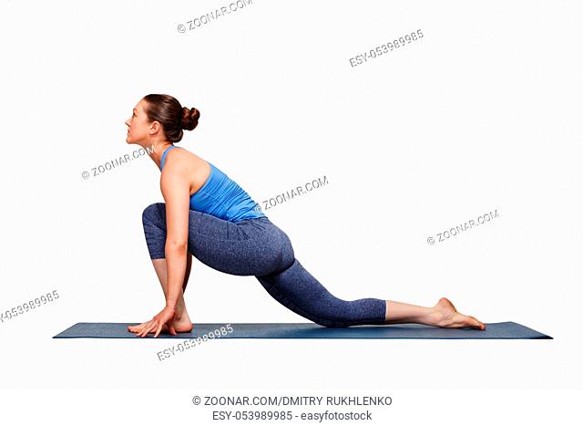 Woman doing Hatha yoga asana Anjaneyasana - low crescent lunge pose isolated