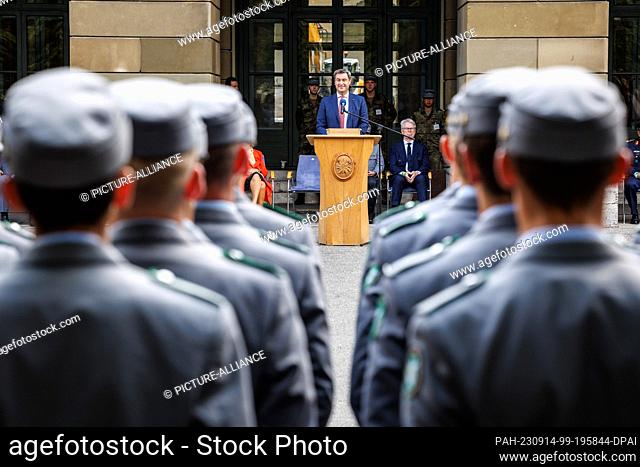 14 September 2023, Bavaria, Munich: Markus Söder (CSU), party chairman and prime minister of Bavaria, speaks at a ceremonial swearing-in of around 180 recruits...