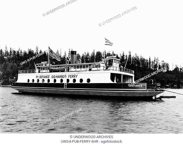 Tacoma, Washington: April 30, 1927.The Pt. Defiance to Gig Harbor ferry boat. The Defiance is the largest ferry operating in Puget Sound