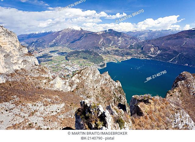 View from Cima Rocca roped climbing trail on Lake Garda, Riva and Torbole, Trentino, Italy, Europe
