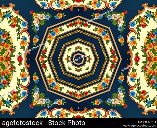 Illustration of a bright multicolored carpet with floral ornaments