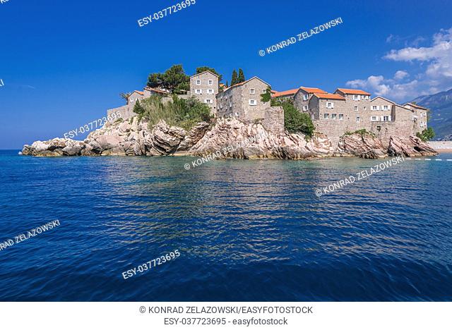 Sveti Stefan islet and five star hotel resort on the Adriatic coast of Montenegro