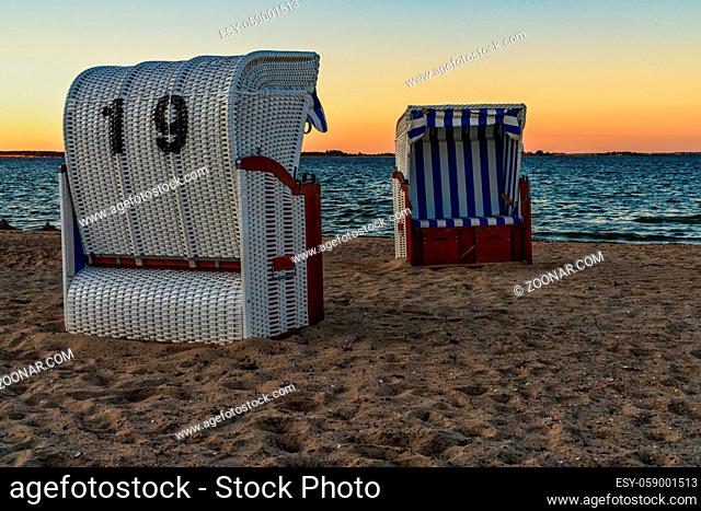 Evening at the Baltic Sea, with Beach chairs and the beach in Hohen Wieschendorf, Mecklenburg-Western Pomerania, Germany