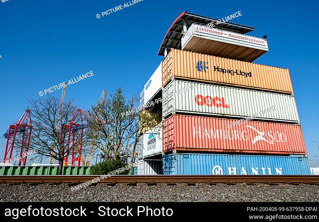 06 April 2020, Bremen, Bremerhaven: An observation tower built with containers is located in the port area near the Eurogate container terminal