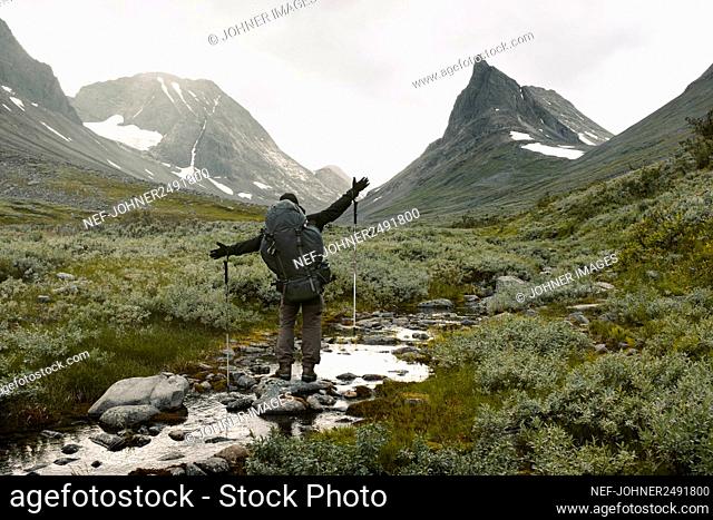 Rear view of hiker in mountains