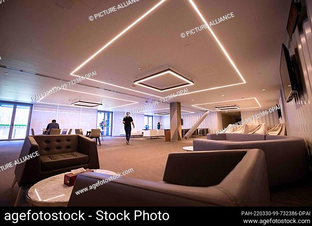 30 March 2022, Qatar, Doha: View into a VIP lounge in Stadium 974 during a Fifa media tour. 974 colorfully arranged shipping containers were used to build the...