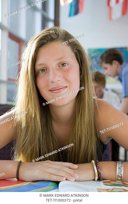 Girl posing in library