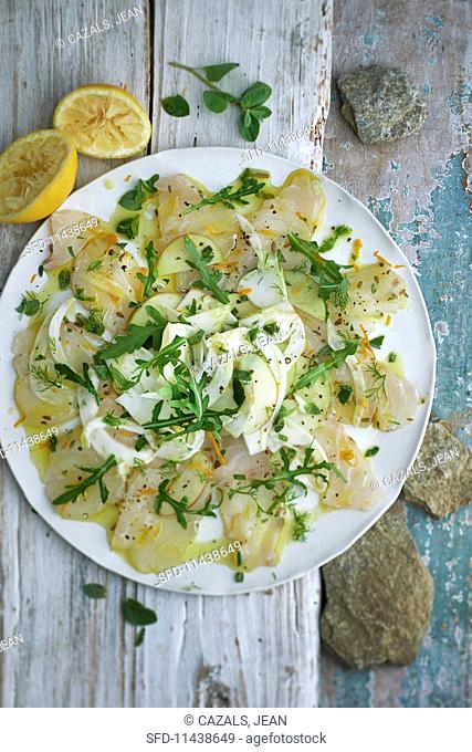 Cod carpaccio with pears, fennel and rocket