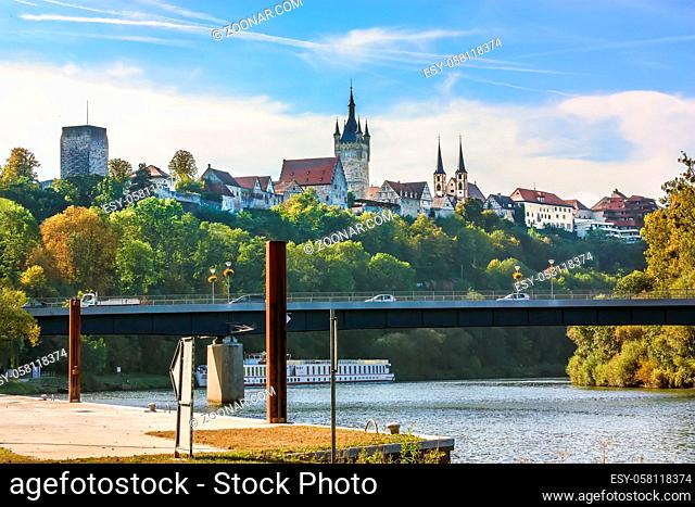 View of Bad Wimpfen on hill from Neckar river, Germany