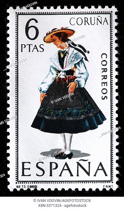 Coruna, Galicia, woman in traditional fashioned regional costume, postage stamp, Spain, 1968