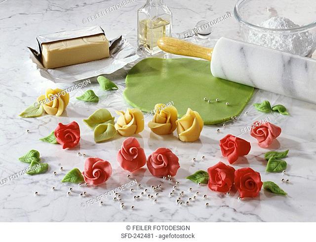 Marzipan roses with ingredients