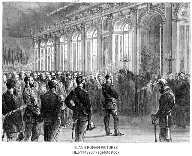 Wilhelm I, King of Prussia, being proclaimed first Emperor of Germany, 1871. After the defeat of France in the Franco-Prussian War of 1870-1871