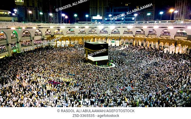 Makah, Saudi Arabia – July 28, 2019: photo for Kaaba in Makkah in Saudi Arabia, and showing shows the light of the Kaaba , And also building the Kaaba